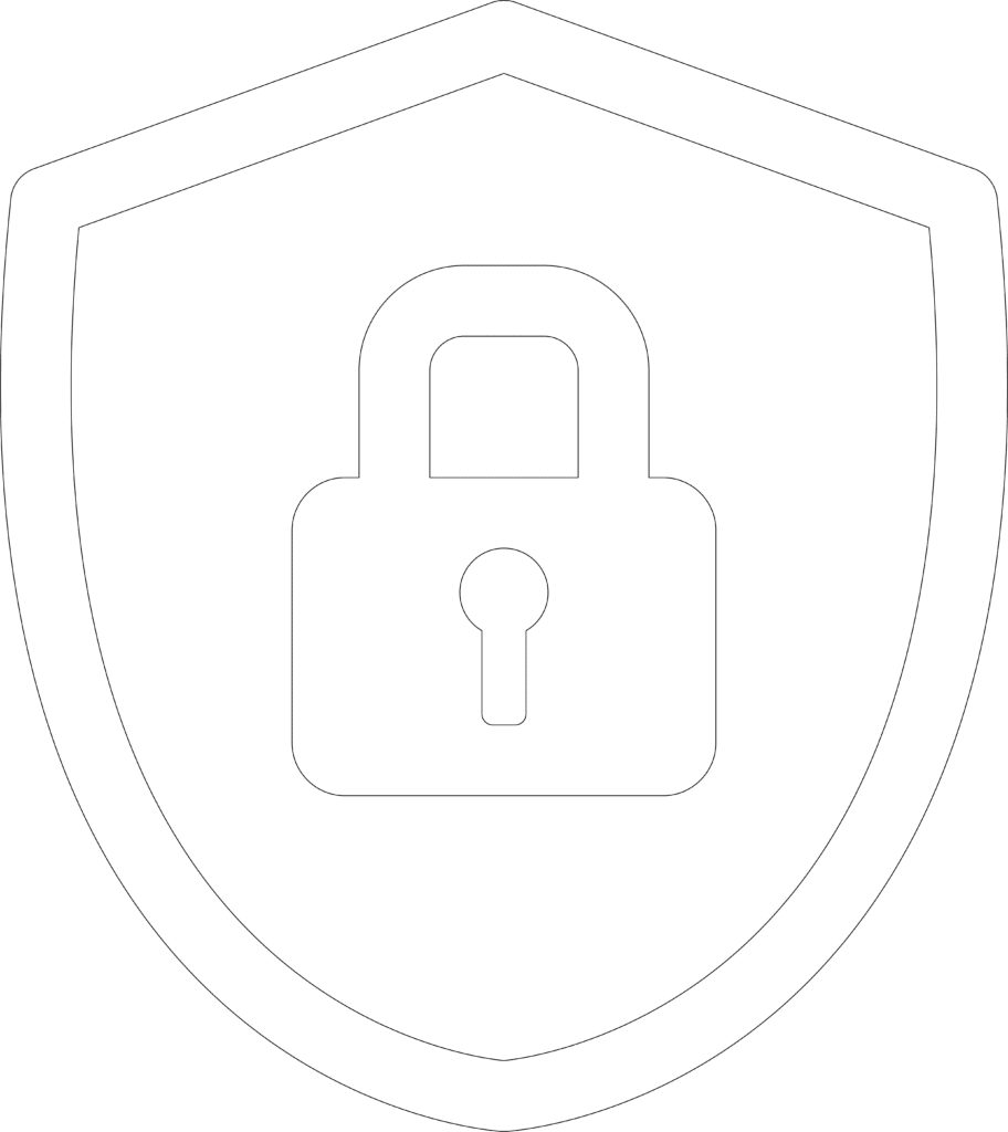 A white padlock icon centered on a white shield outline, symbolizing security or protection, on a black background.