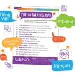 A colorful flyer titled "The 14 Talking Tips" lists ways to encourage talking with children. Speech bubbles in various languages surround the flyer, including Vietnamese, Spanish, Korean, Ukrainian, Hindi, and French.