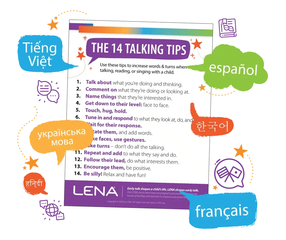 A colorful flyer titled "The 14 Talking Tips" lists ways to encourage talking with children. Speech bubbles in various languages surround the flyer, including Vietnamese, Spanish, Korean, Ukrainian, Hindi, and French.