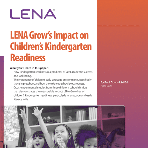 Cover page of a report titled "LENA Grow’s Impact on Children’s Kindergarten Readiness," featuring diverse young children raising their hands enthusiastically in a classroom setting.