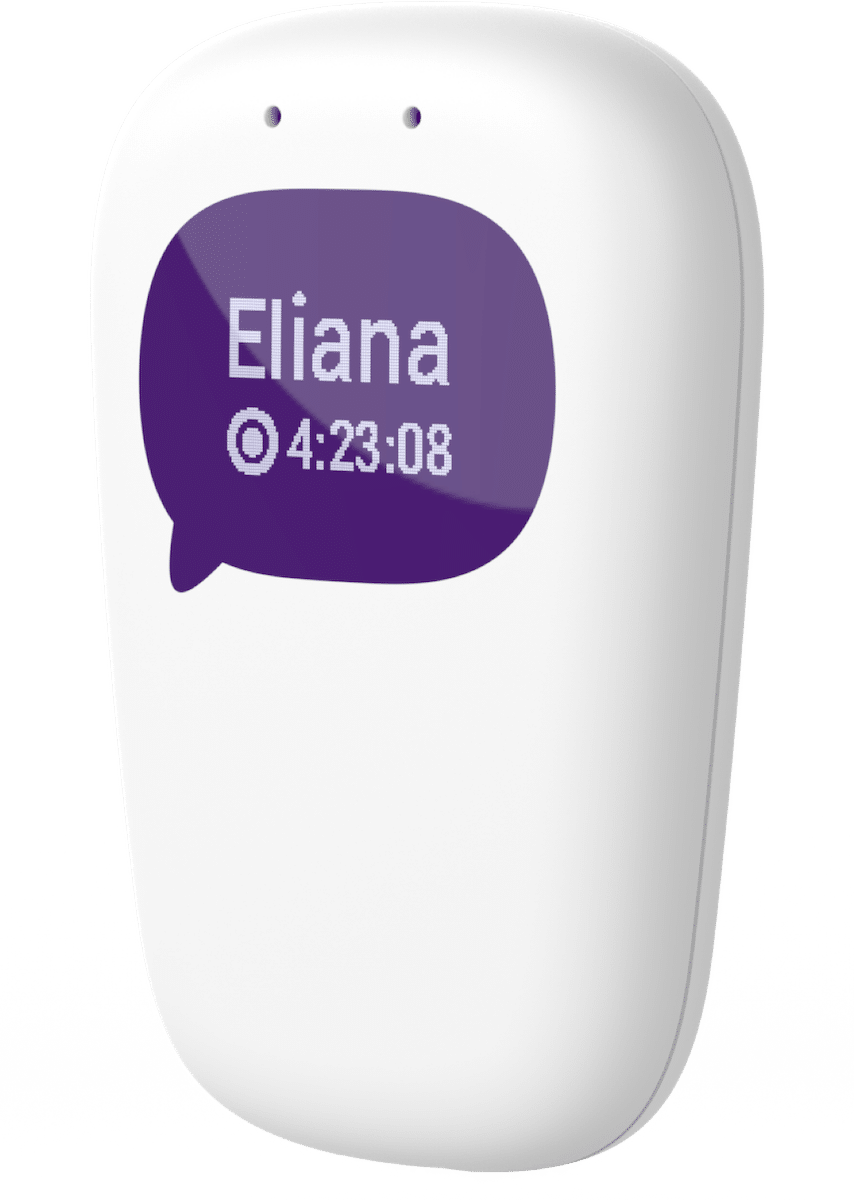 A white, oval-shaped electronic device displays a purple speech bubble with the name "Eliana" and a clock icon showing "4:23:08" on its screen.