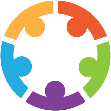 A circular logo made of five colored puzzle pieces, each with a stylized human figure, in orange, red, green, purple, and blue, symbolizing unity and community.