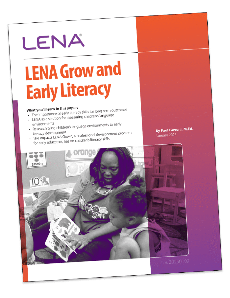 A woman reads to a young child in a colorful classroom. The document title is "LENA Grow and Early Literacy." Key topics and the author's name, Paul Govoni, appear on the cover.