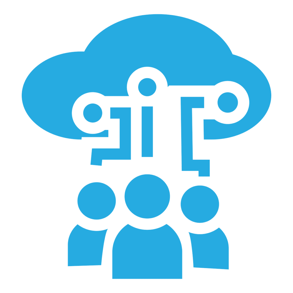 Blue icon showing three people below a cloud with interconnected nodes, symbolizing cloud computing, data sharing, or network collaboration.