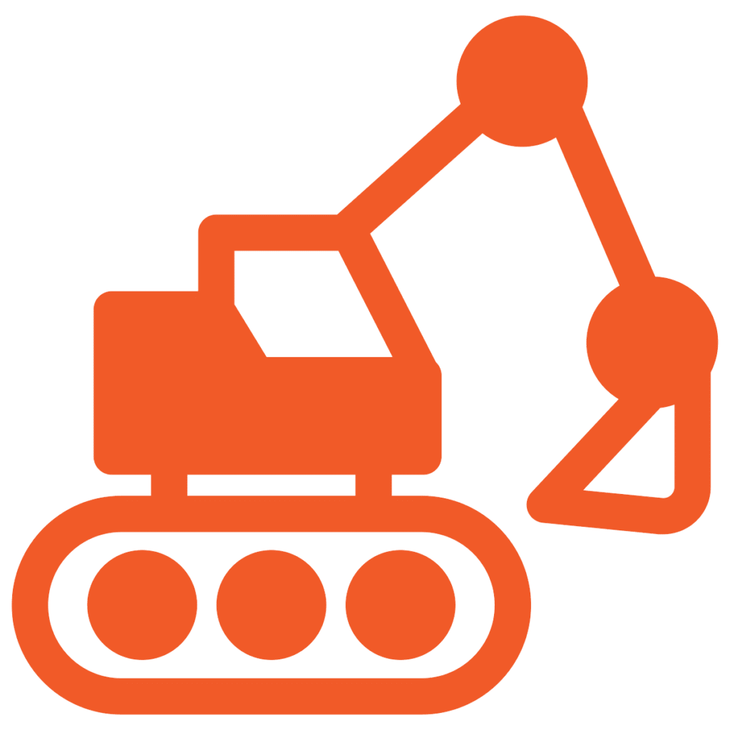 An orange icon of an excavator with a tracked base and an articulated arm holding a bucket.
