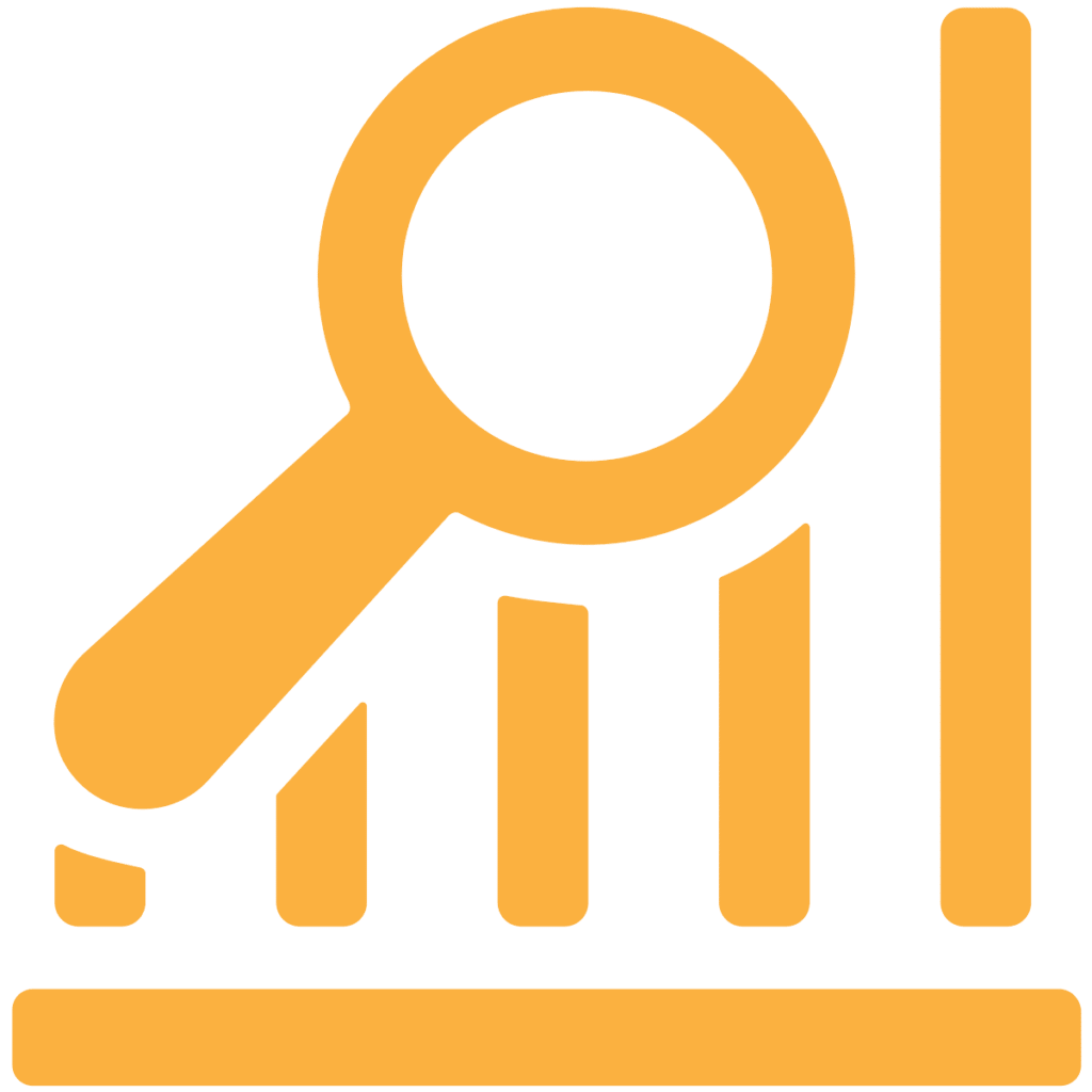 A large yellow magnifying glass overlaps three vertical yellow bars of different heights, resembling a bar chart, on a white background.