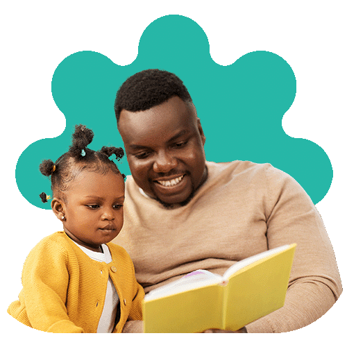 A smiling man reads a yellow book to a young girl sitting on his lap. Both appear engaged, with the girl looking at the book. The background features a teal, cloud-like shape.