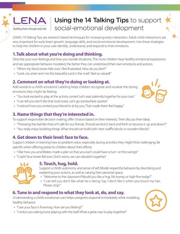 An informational flyer titled “Using the 14 Talking Tips to support social-emotional development” lists six tips for encouraging child interaction, accompanied by colorful icons and brief descriptions under each tip.