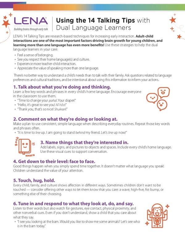 A colorful infographic explains 14 talking tips for supporting dual language learners, including using gestures, speaking clearly, repeating often, encouraging thinking, commenting on activities, and being face-to-face. Illustrated icons appear beside text.