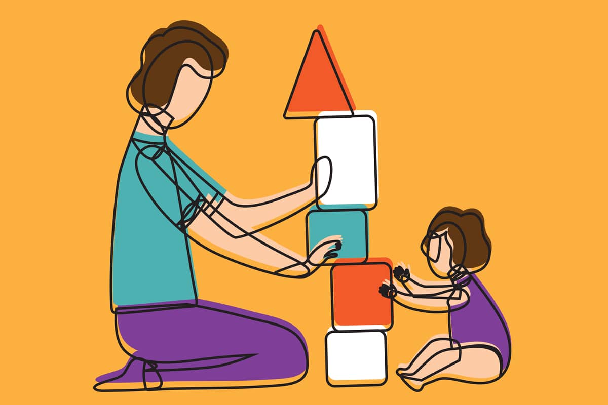 A stylized line drawing of an adult and a baby playing together, stacking colorful blocks on an orange background. The adult is kneeling and the baby is seated, both focusing on the blocks.