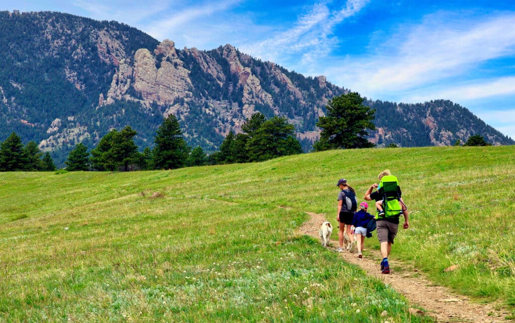 A family with two children and a dog hike along a grassy trail with mountains and pine trees in the background under a blue sky with wispy clouds.