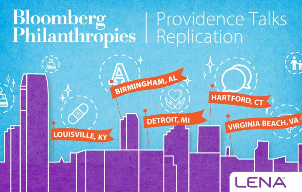 Illustration of a city skyline with signs marking Louisville, KY; Birmingham, AL; Detroit, MI; Hartford, CT; and Virginia Beach, VA. Text reads “Bloomberg Philanthropies | Providence Talks Replication.” LENA logo at bottom right.