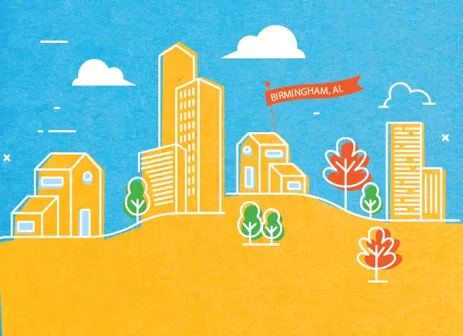 Illustration of a cityscape with tall and small buildings, trees, clouds, and a red flag labeled "Birmingham, AL" under a blue sky with a yellow ground.