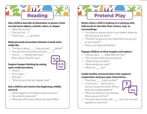 Two colorful cards titled "Reading" and "Pretend Play" show tips for engaging children: Reading offers prompts for discussing books, while Pretend Play suggests questions to encourage creativity and social interaction.