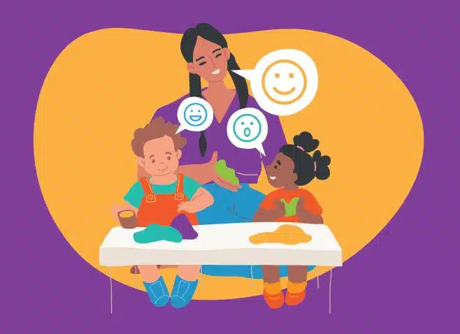 An adult and two children sit at a table playing with colorful clay. The adult and children smile, with speech bubbles showing happy and neutral faces above them, against a purple and yellow background.