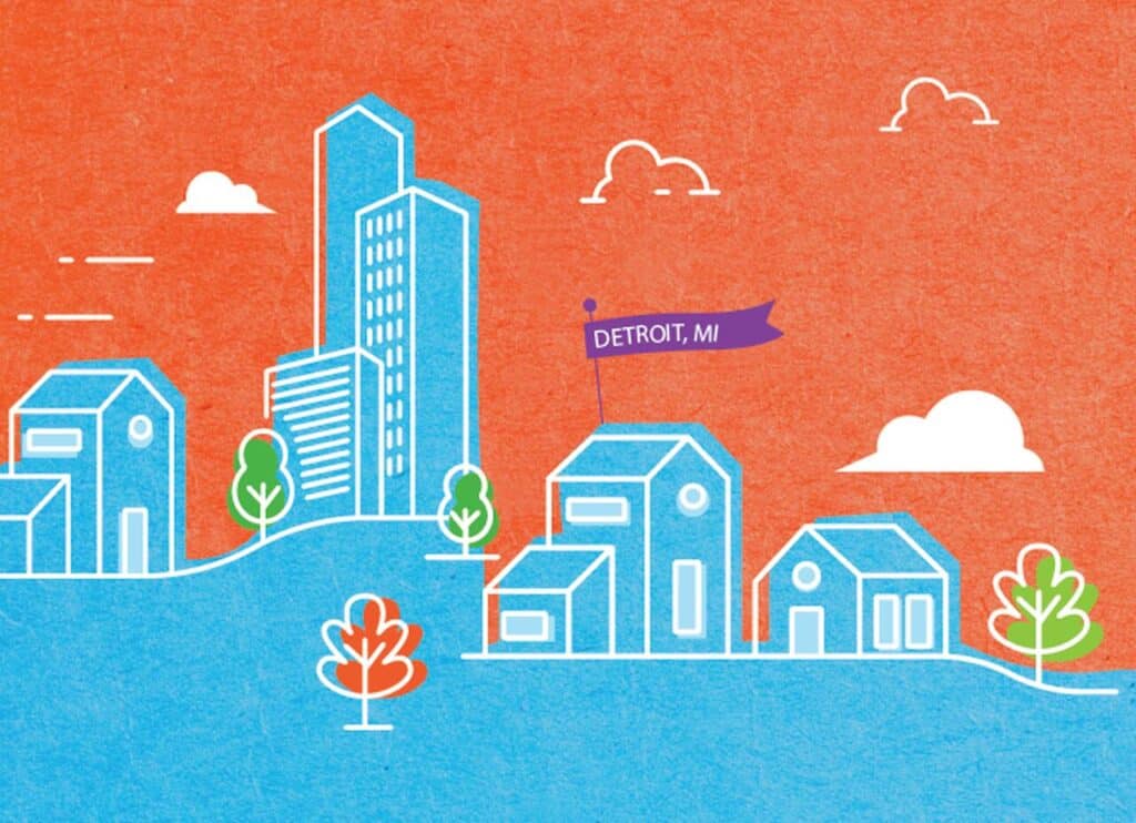 Colorful illustration of a cityscape with tall buildings and houses, trees, clouds, and a purple flag labeled "Detroit, MI" against a textured orange and blue background.