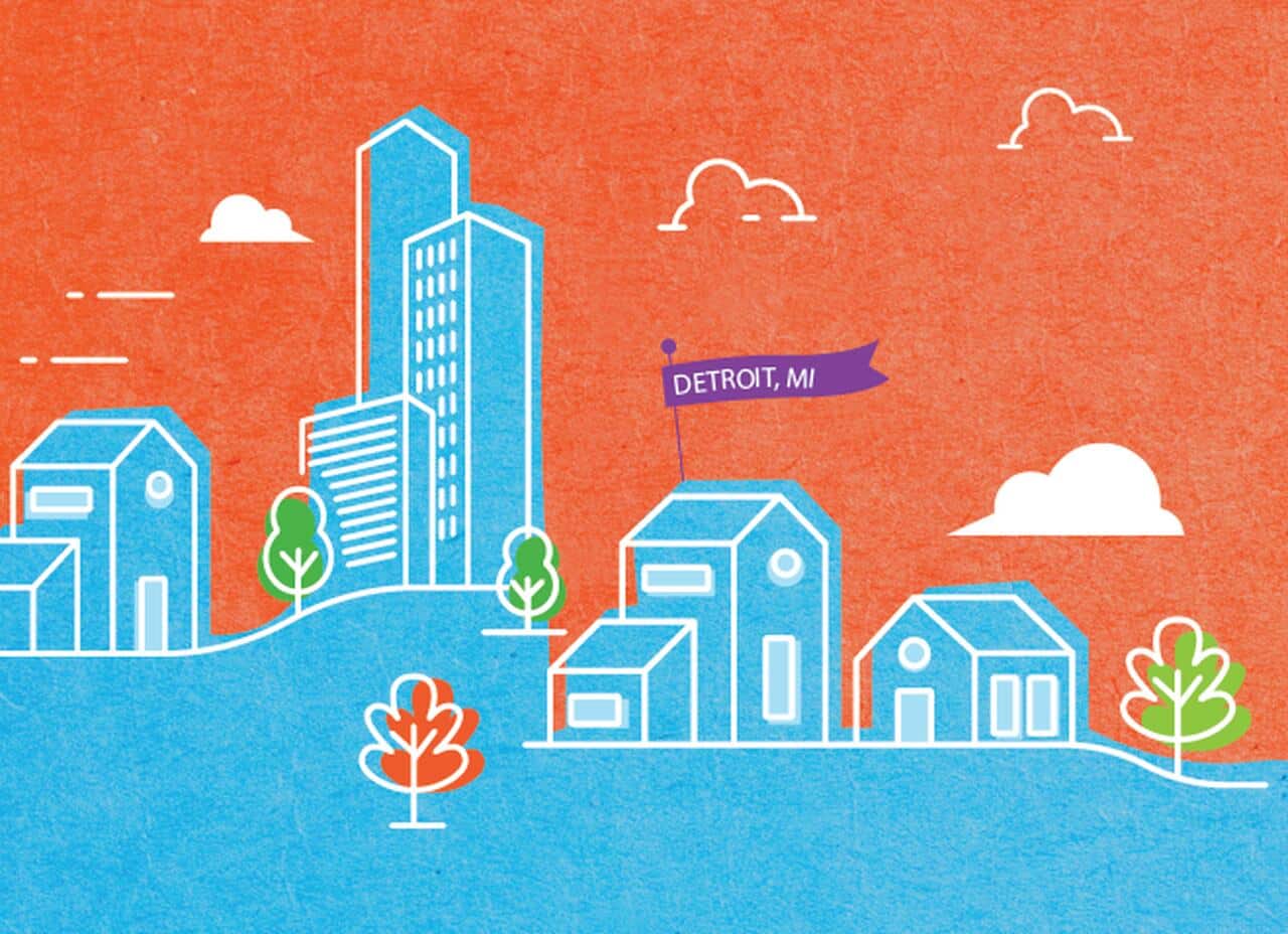 Colorful illustration of a cityscape with tall buildings and houses, trees, clouds, and a purple flag labeled "Detroit, MI" against a textured orange and blue background.