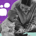 A woman sits on the floor with a young child, reading a book together. The background is purple and teal with illustrated speech bubbles and decorative dots.