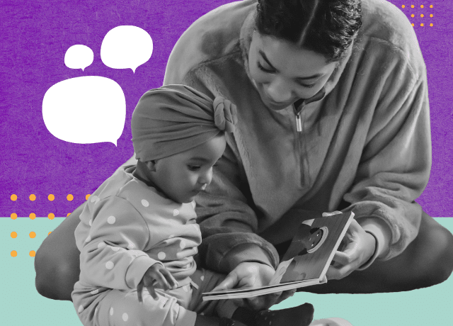 A woman sits on the floor with a young child, reading a book together. The background is purple and teal with illustrated speech bubbles and decorative dots.