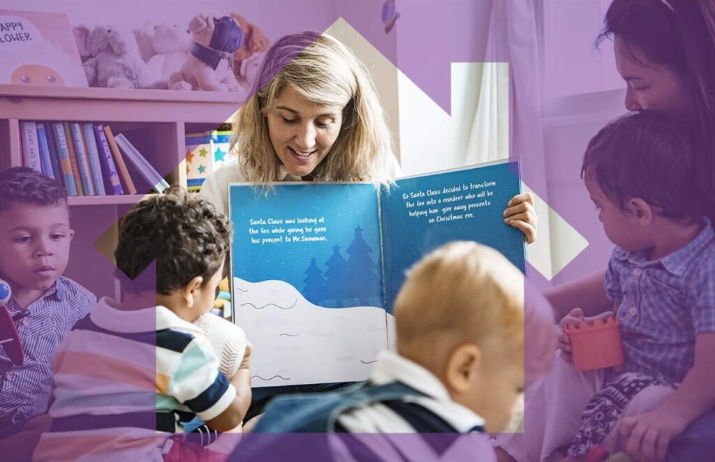 A woman reads a Christmas-themed picture book to a group of young children sitting around her in a cozy, colorful room with books and toys.