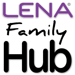 Logo for "LENA Family Hub" with "LENA" in purple, "Family" in black handwritten font, and "Hub" in large black letters, all on a white background.
