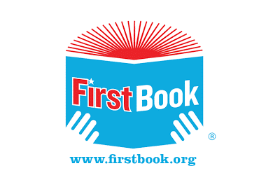 Logo for First Book featuring an open blue book with white hands holding it, red rays coming from the top, and the words "First Book" in red and white; website "www.firstbook.org" below.