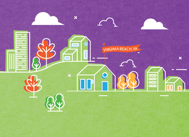 Illustrated cityscape with colorful buildings, trees, and clouds on a green and purple background. A small orange flag labels the location as "Virginia Beach, VA.