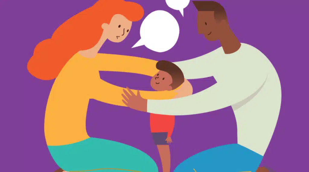 Illustration of two adults, one with long red hair and one with short dark hair, smiling and kneeling to hug a small child with short brown hair, all surrounded by speech bubbles on a purple background.