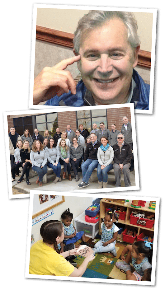 A collage of three images: a smiling older man, a large group of adults posing outside, and a woman reading to three young children in a colorful classroom.
