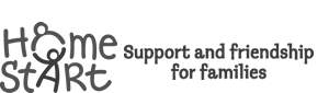 Home-Start logo with a stylized stick figure forming part of the letters. Text reads: "Support and friendship for families.