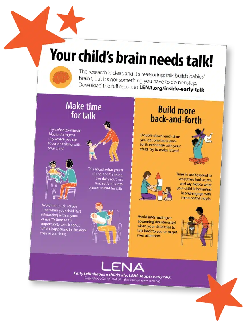 An infographic titled “Your child’s brain needs talk!” with tips for parents: “Make time for talk”—spend 25 minutes daily talking with your child, and “Build more back-and-forth”—engage in conversation and avoid interrupting.