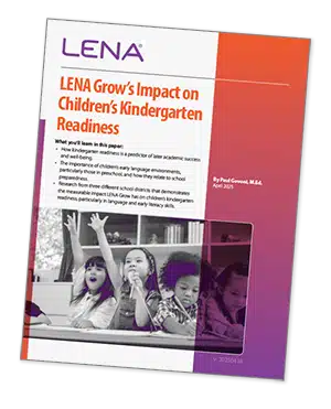 A brochure titled "LENA Grow's Impact on Children's Kindergarten Readiness" features a black-and-white photo of young children sitting at a table, raising their hands, and engaging in a classroom activity.