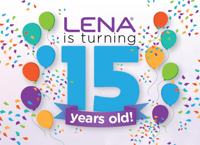 Colorful graphic with balloons and confetti, featuring the text: "LENA is turning 15 years old!" with a large blue number 15 and a celebratory banner.