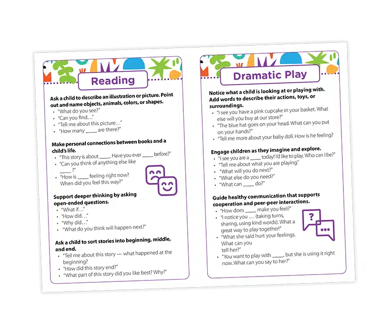 Two colorful activity cards titled "Reading" and "Dramatic Play" with tips for engaging children, set against a black background with white stars and playful shapes in the corners.