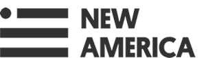 Logo of New America featuring three horizontal bars and a circle arranged like a simplified American flag, with the words "NEW AMERICA" in bold, black uppercase letters to the right.