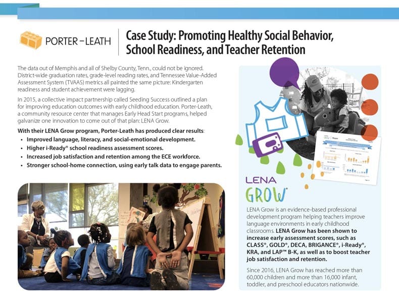 An informational poster for a case study on promoting healthy social behavior, school readiness, and teacher retention using the LENA Grow program, featuring text, logos, and images of young children.