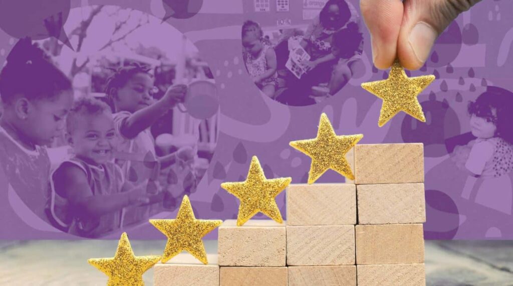 A hand places the fifth golden star atop a staircase made of wooden blocks, with four more stars on lower steps. In the purple background, photos of children playing and reading are visible in circular frames.