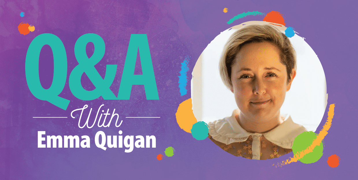 A colorful graphic with the text "Q&A With Emma Quigan" next to a circular photo of a woman with short light hair, wearing a white blouse with a lace collar, against a vibrant purple background.