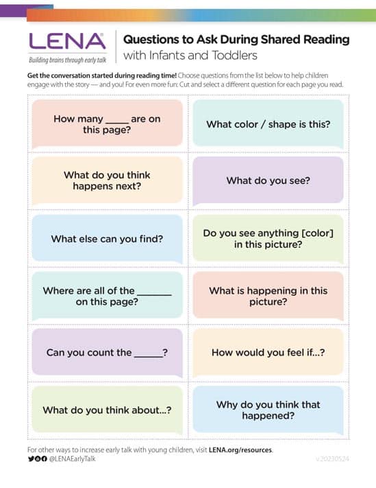 A colorful chart titled "Questions to Ask During Shared Reading with Infants and Toddlers," showing boxes with prompts such as "What do you see?", "What is happening in this picture?", and "How would you feel if...?.