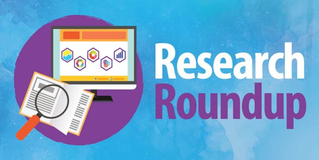 Illustration of a computer monitor displaying charts, with a magnifying glass over an open book, next to the text “Research Roundup” on a blue and purple background.