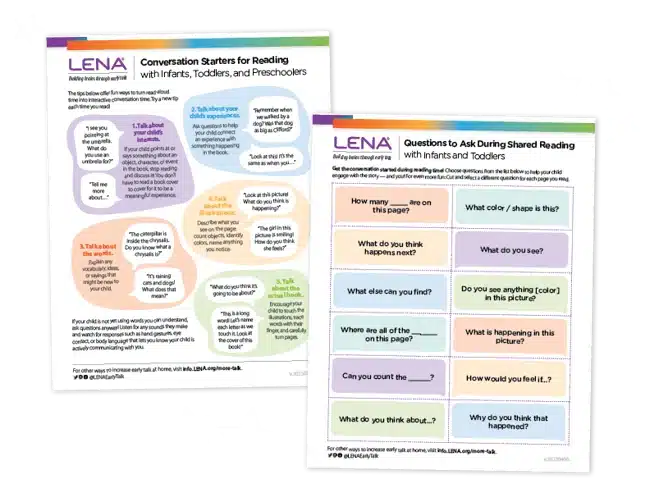 Two colorful LENA guides with conversation starters and reading questions for infants and toddlers, featuring speech bubbles and boxes with prompts to encourage engagement during shared reading.