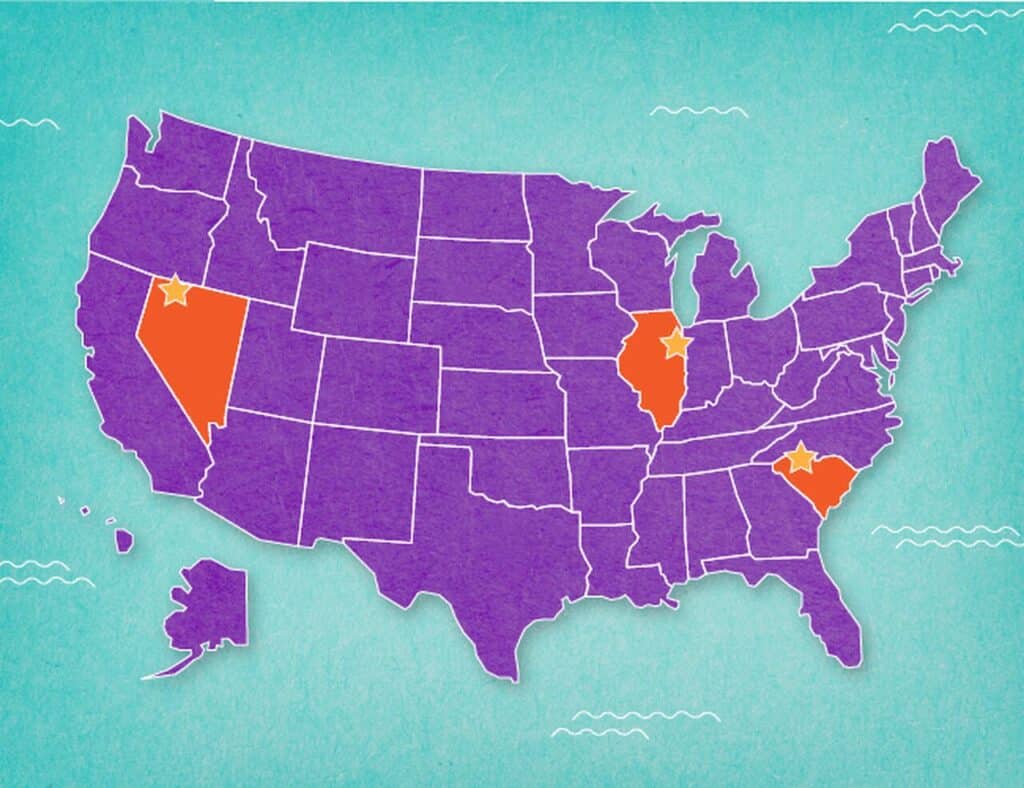 A map of the United States with most states shaded purple. Nevada, Illinois, and South Carolina are highlighted in orange with a yellow star in each state. The background is teal with white decorative lines.
