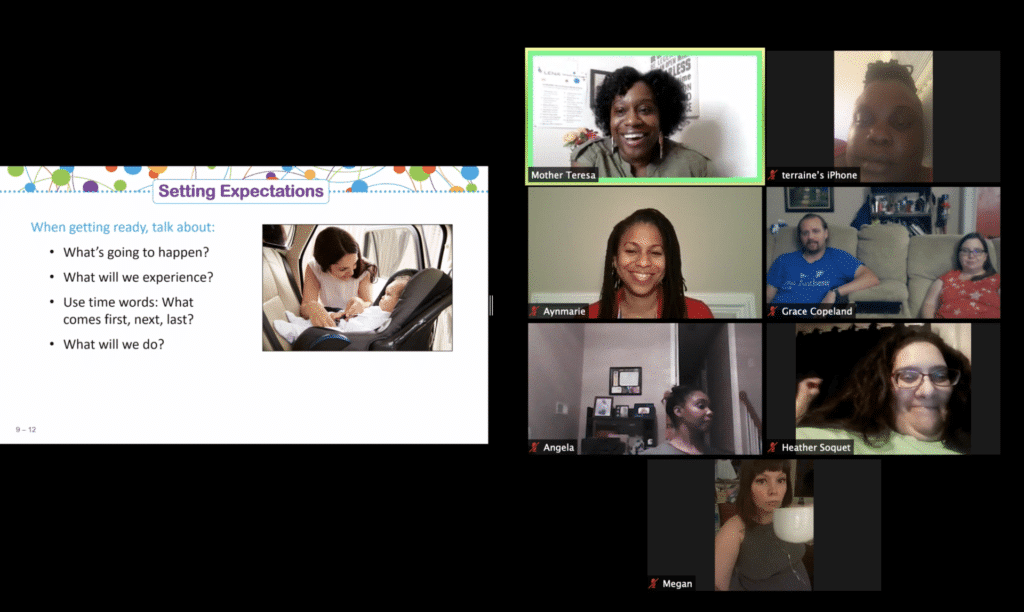 A screenshot of a virtual meeting with nine participants. On the left, a slide titled "Setting Expectations" lists discussion points and shows an image of a woman with a baby. Participants are smiling and engaging on video.