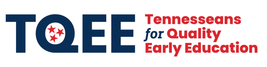 Logo with the acronym "TQEE" in bold navy text, the "Q" contains three red stars. To the right, red and blue text reads: "Tennesseans for Quality Early Education.