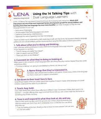 A page titled "Using the 14 Talking Tips with Dual Language Learners," listing tips for engaging young children in conversation, with simple drawings of children, speech bubbles, and stars. The page uses colorful headings and bullet points.