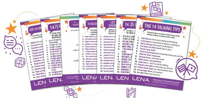 Six colorful cards in English, Spanish, Chinese, Korean, and French display “The 14 Talking Tips” for parents, each card listing the tips in a numbered format. The LENA logo appears at the bottom.