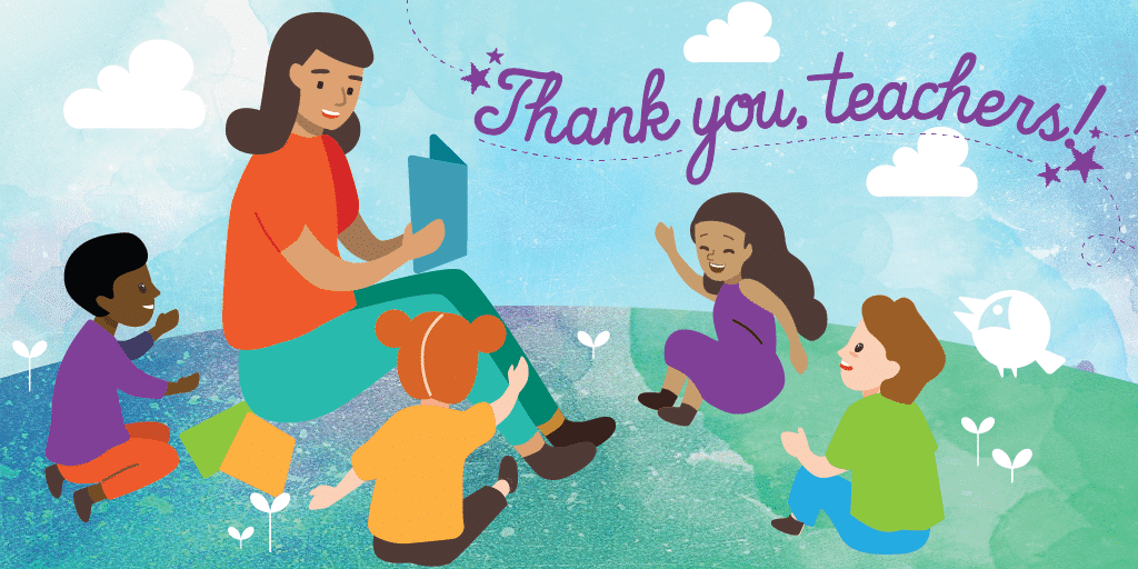 Illustration of a teacher reading a book to four happy children sitting on grass, with the words "Thank you, teachers!" written above in purple script against a colorful background.