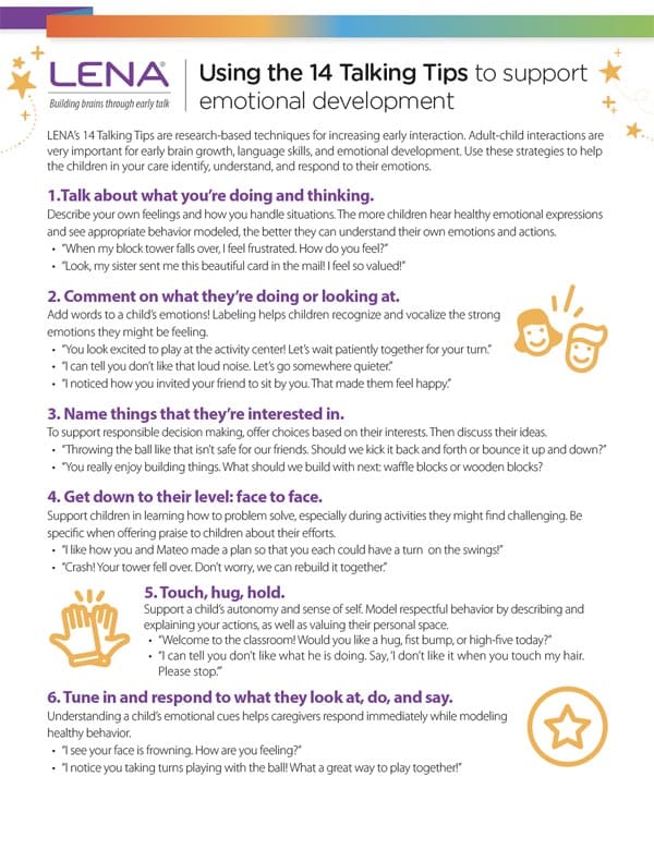 A colorful flyer titled “Using the 14 Talking Tips to support emotional development” lists six tips for supporting children’s emotional development, with hand-drawn icons and text in purple, black, and orange on a white background.