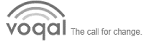 The logo shows the word "voqal" in lowercase with curved lines above the "v" resembling sound waves. To the right, the tagline reads: "The call for change.