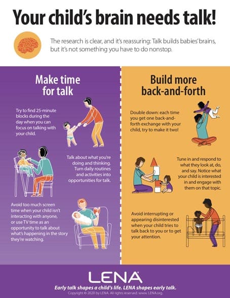 Infographic titled "Your child's brain needs talk!" with tips for parents: Make time for talk—talk during daily activities and limit screen time; Build more back-and-forth—encourage conversation and respond to your child. Illustrations included.